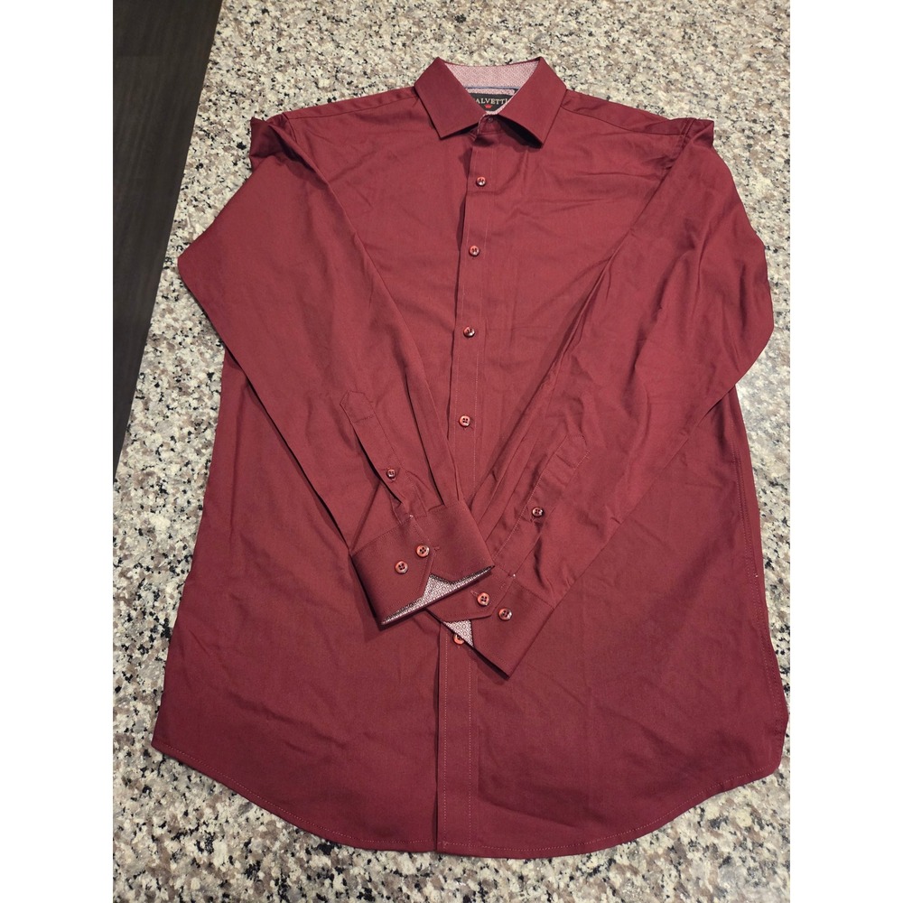 Calvetti Mens Burgundy Long Sleeve Button Down Dress Shirt Size S Geometric Trim